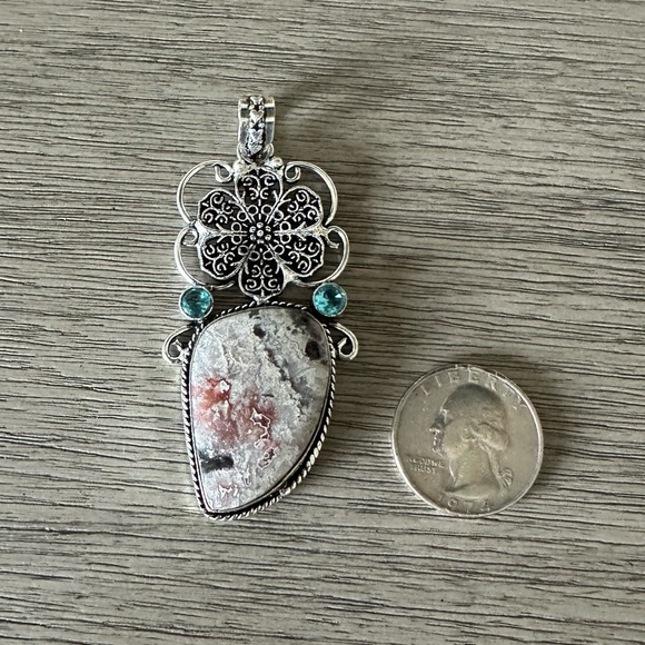 1037 Crazy Lace Agate Blue Topaz Pendant Handmade Silver Statement Jewelry - Picture 4 of 7